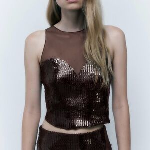 Zara Brown Sequin Tulle crop top NWT